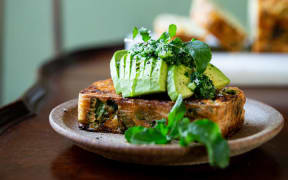 Cheesy Herb Cornbread with Avocado & Rocket Sauce