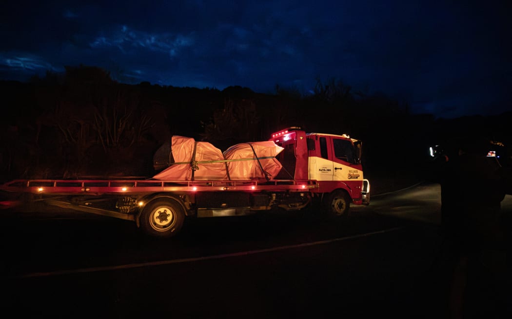 Two police vehicles and a quad bike were towed from the Te Anga Road crime scene after Tom Phillips exchanged gunfire with police early Monday morning. 09 September 2025. Photo by Hayden Woodward/New Zealand Herald via Getty Images)