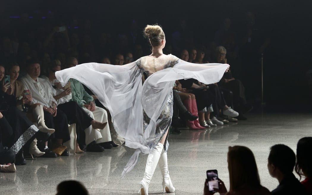 AUCKLAND, NEW ZEALAND - AUGUST 31: A model walks the runway in a design by Lontessa during the Go Media MIROMODA 2023 show during New Zealand Fashion Week 23: Kahuria at Viaduct Events Centre‎ on August 31, 2023 in Auckland, New Zealand.