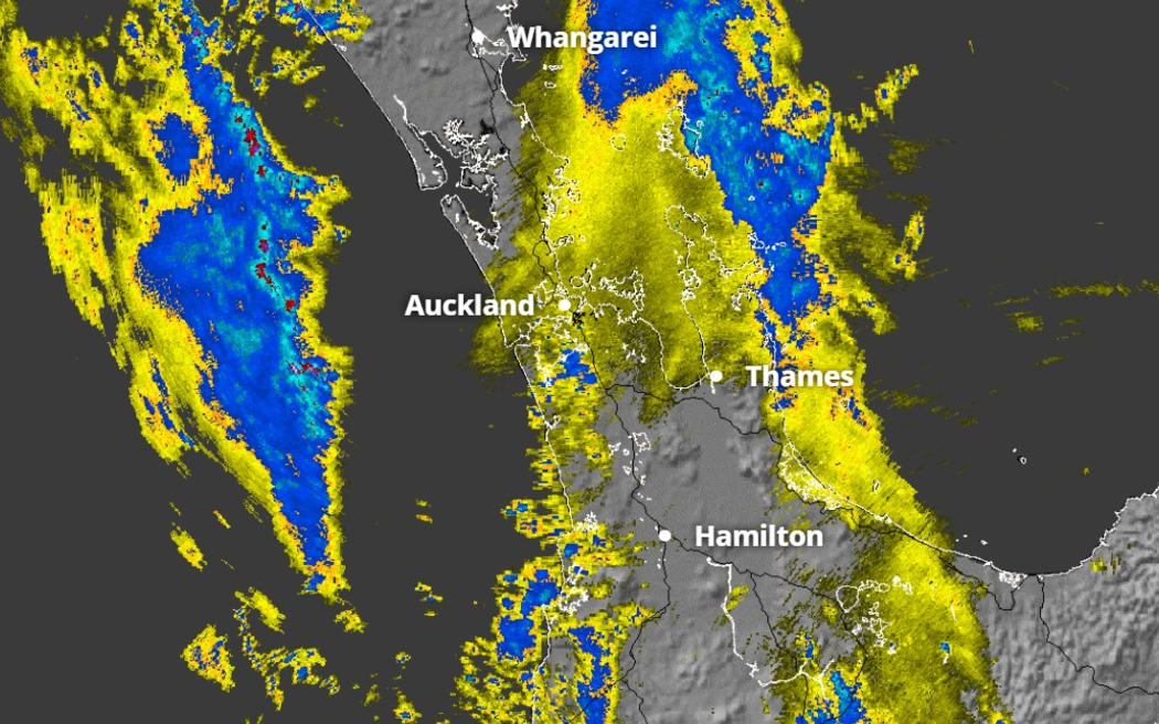 A screenshot of the MetService rain radar for Auckland, Northland and the Coromandel on 16 September 2024.