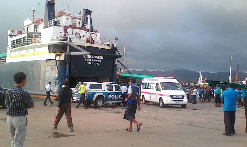 Emergency services at Suva's harbourside following the sinking of a cargo vessel MV Suliven.