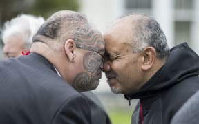 Shane Te Ruki and Minister of Māori Development Te Ururoa Flavell greet each other at the first hui of language organisation Te Mātāwai, held in Otaki.