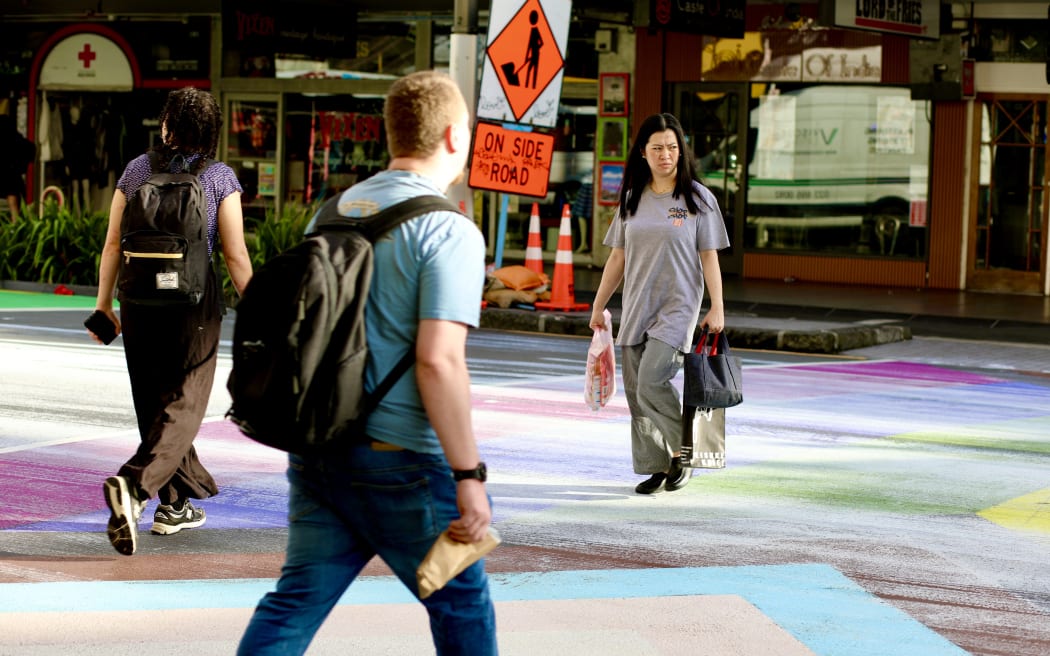 The rainbow crossing on Auckland's Karangahape Road was covered in white paint overnight. Rain overnight washed much of the paint away, but remnants could still be seen on the crossing, 28 March 2024.
