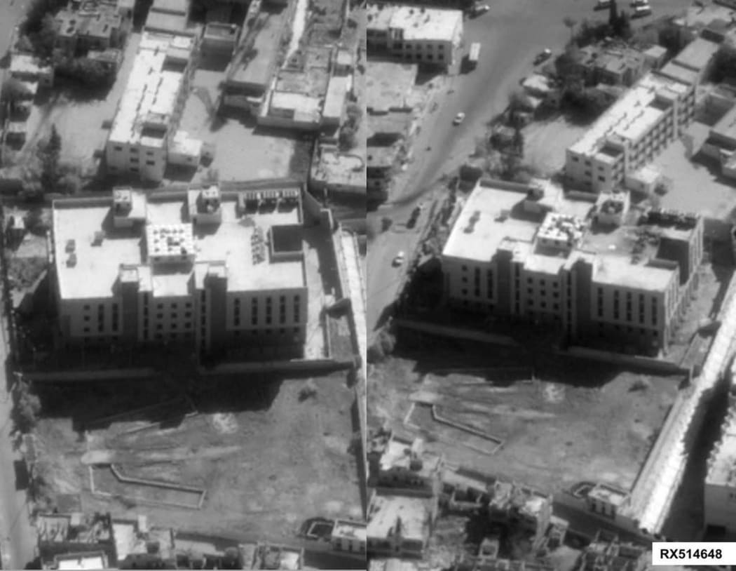 Pictures showing what U.S. officials say was an Islamic State finance center in Syria - before and after being struck by a Tomahawk missile.