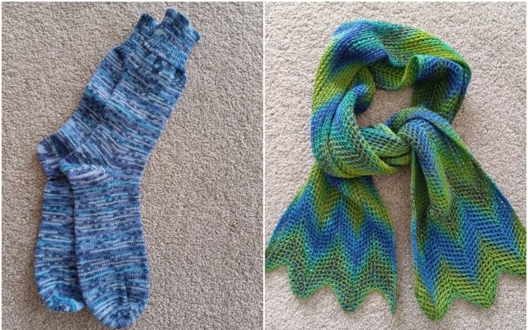 A pair of socks (left) and a scarf (right) made by Heather Smith, president of the New Zealand Machine Knitters Society.