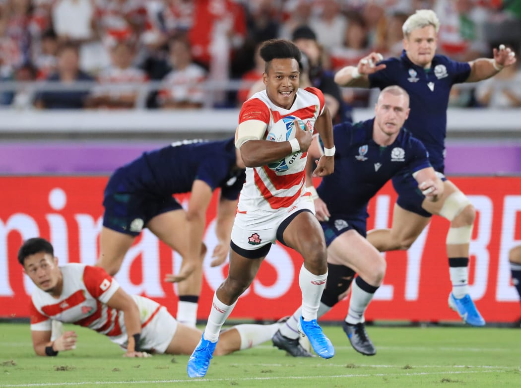 Kotaro Matsushima of Japan tries in the first half of the Rugby World Cup Pool A match against Scotland at International Stadium Yokohama in Yokohama City, Kanagawa Prefecture on October 13, 2019.