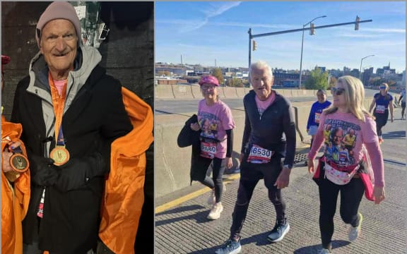 Left: Garth with his medal for finishing. Right: With friend Lay and daughter Kiri.
