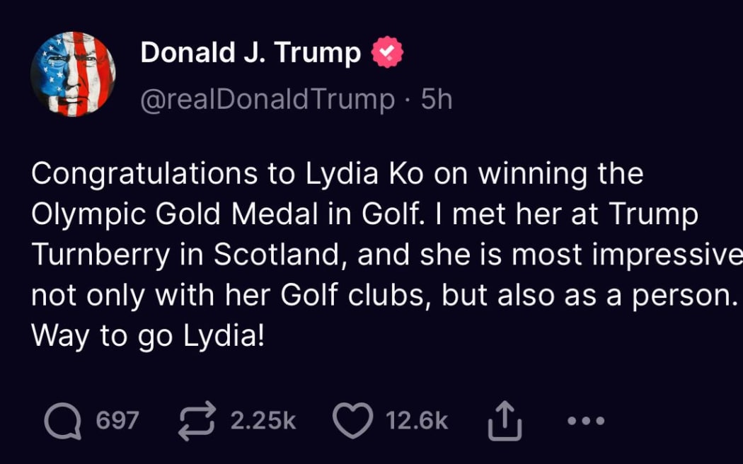 A social media post by Donald Trump congratulating NZ golfer Lydia Ko in winning gold at the Paris Olympics.