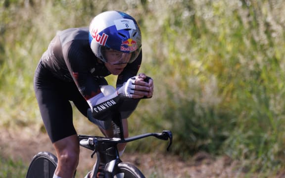 Second placed Hayden Wilde during the bike section of the 2024 Ironman 70.3 World Championship men’s race in Taupo.