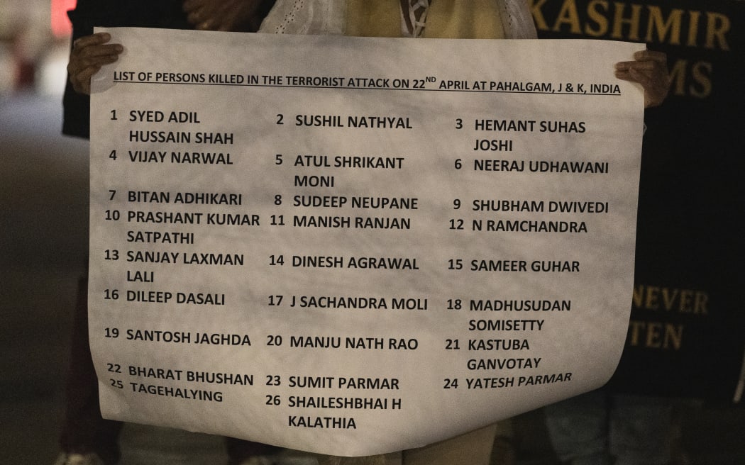 A poster listing the names of the victims of the Kashmir terror attack in India.