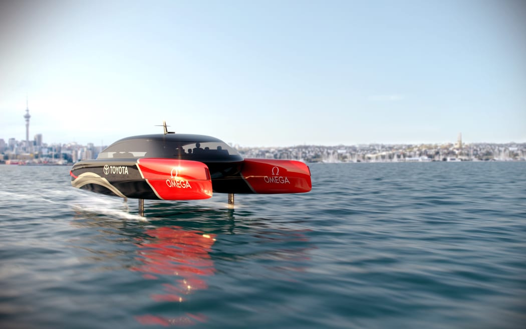 A view of the proposed hydrogen powered America's Cup chase boat from the front.