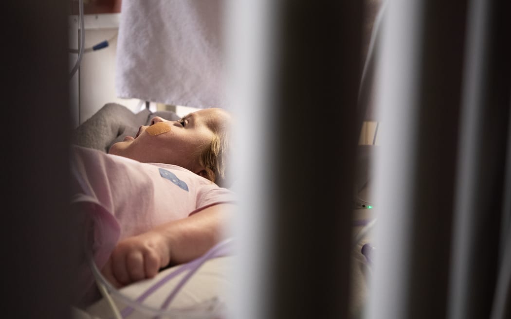 Lauren in her room at Wellington Regional Hospital children's ward