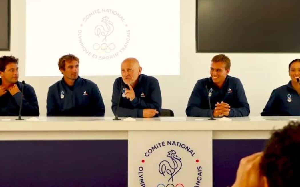 (L to R) Jérémy Florès, Joan Duru, Jacques Lajuncomme, Kauli Vaast and Vahine Fierro at a press conference in Paris, Monday, June 24, 2024