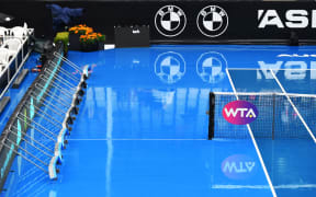 A wet centre court during the ASB Classic Tennis tournament, Auckland, New Zealand.