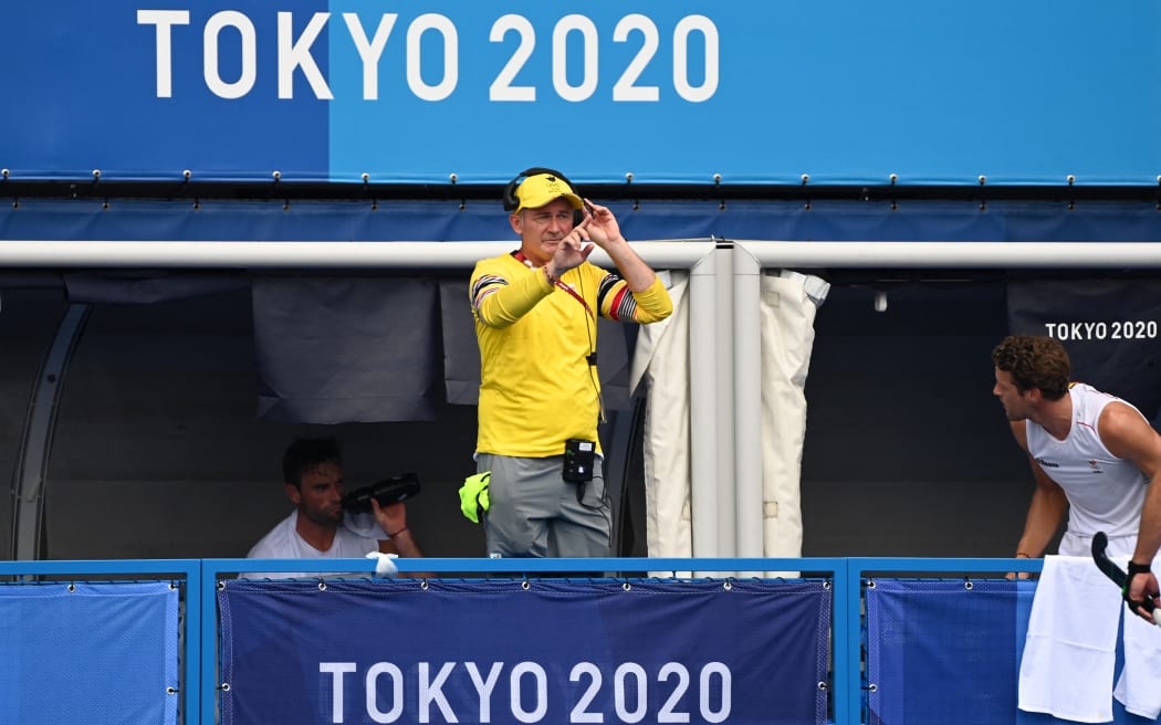 Belgium's New Zealand head coach Shane McLeod gives instructions during the men's pool B match of the Tokyo 2020 Olympic Games field hockey competition against Germany, at the Oi Hockey Stadium in Tokyo on July 26,