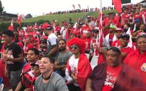Hynds Pipe workers supporting Tonga's League team at Mt Smart Stadium 2018