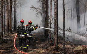French firefighters spray water to put out lingering hot spots left by a wildfire near Belin-Beliet, southwestern France, on 13 August  2022.