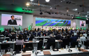 France's President Emmanuel Macron delivers a speech during the General Plenary of Leaders in the framework of the COP30 UN Climate Change Conference in Belem, Para State, Brazil, on November 6, 2025. (Photo by Ludovic MARIN / AFP)