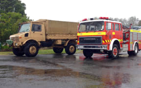 Army and Fire Service trucks at Tolaga Bay Primary School.