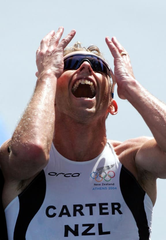 Gold Medalist Hamish Carter shows his delight at winning gold, Athens 2004.