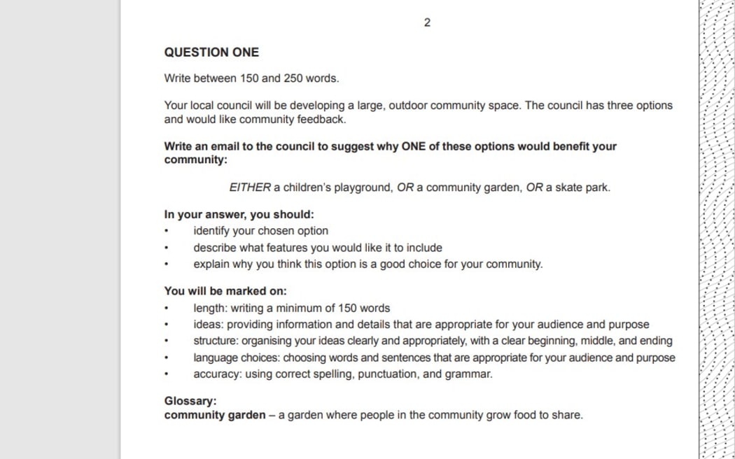 A screenshot of the part of 2024 NZQA literacy test for writing.