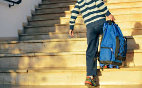 Boy walking on stairs with a bag.