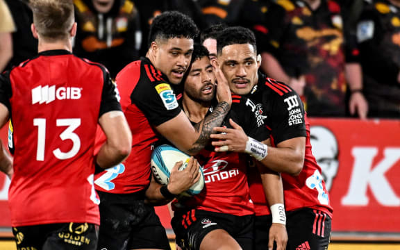 Richie Mo'unga of the Crusaders celebrates his try in the Super Rugby Pacific Final against the Chiefs at FMG Stadium in Hamilton.