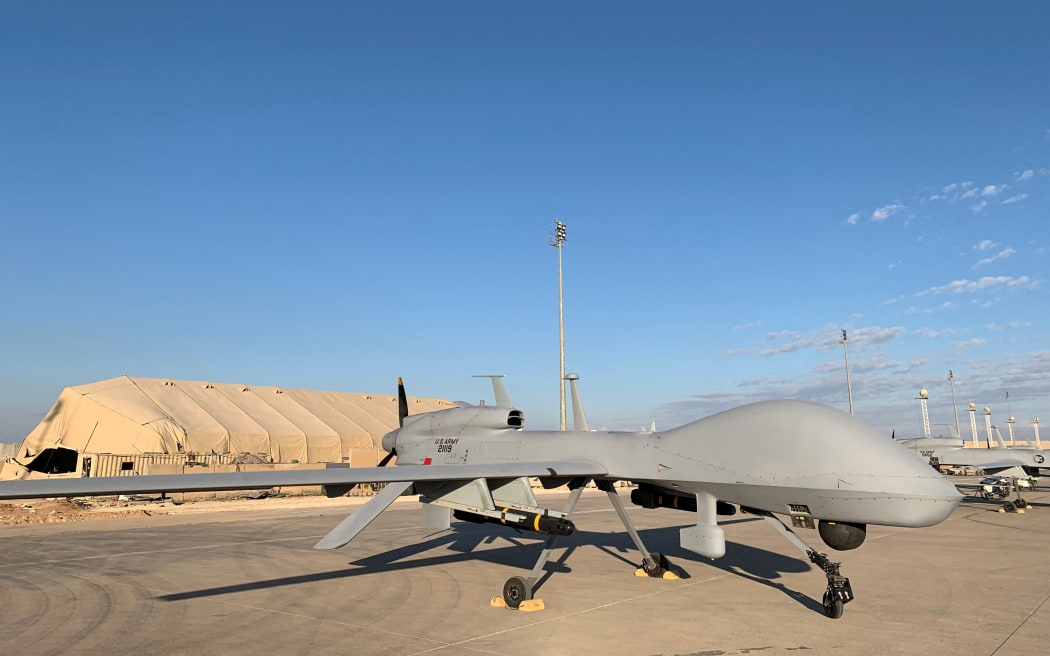 A picture taken on January 13, 2020, during a press tour organised by the US-led coalition fighting the remnants of the Islamic State group, shows US army drones at the Ain al-Asad airbase in the western Iraqi province of Anbar.