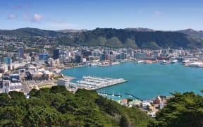 Wellington, New Zealand - city aerial view of marina and downtown skyscrapers.