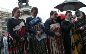 Turakina students demonstrate outside Parliament.