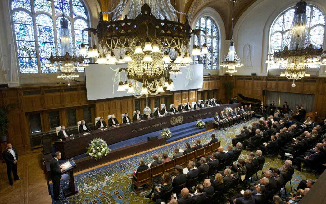 United Nations secretary general Ban Ki-moon (L) delivers a speech during a ceremony marking the 70th anniversary of the International Court of Justice in The Hague on April 20, 2016.
