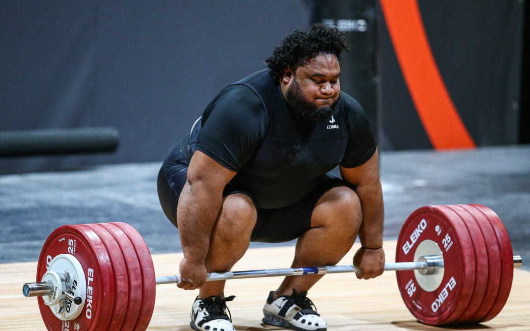 David Liti of New Zealand lifts during the Oceania Weightlifting Championships, 2024.