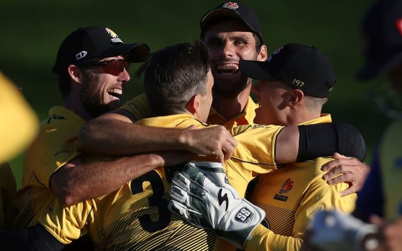 The Firebirds celebrate their win over Otago.