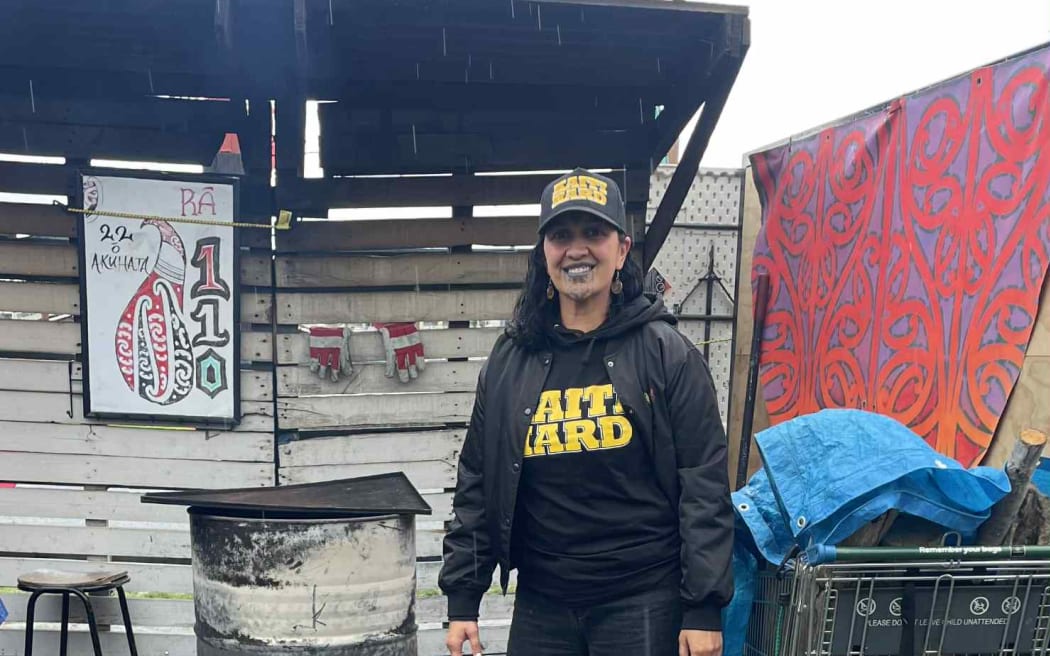 Te Pāti Māori Ikaroa-Rāwhiti candidate Haley Maxwell wearing Kaiti Hard merchandise.