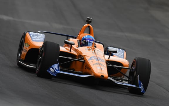 IndyCar driver Fernando Alonso of the McLaren Racing Chevrolet drives at  Indianapolis Motor Speedway.