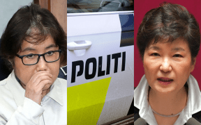 Choi Soon-sil, left, and Park Geun-hye, with a Danish police car at the centre. Ms Choi's daughter has been arrested in Denmark, accused of staying in the country illegally.