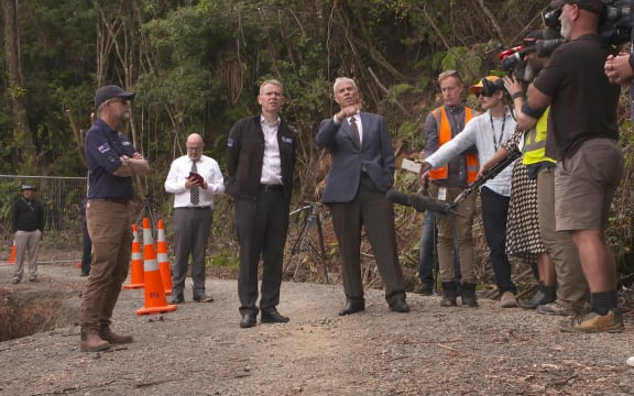 Prime Minister Chris Hipkins inspecting damage on the Coromandel Peninsula.