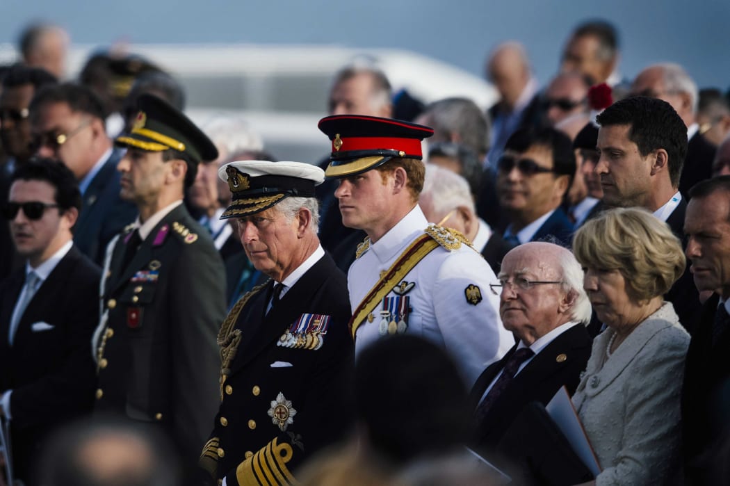 Prince Charles, third left, and Prince Harry, centre, at Cape Helles, Gallipoli.