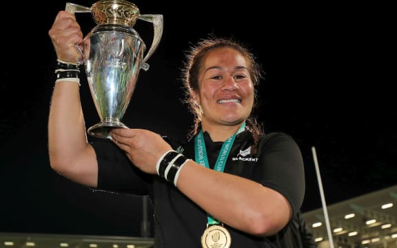 New Zealand Black Ferns captain Fiao'o Faamausili celebrates winning the 2017 Women's Rugby World Cup.