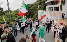 Protesters demonstrate outside the Iranian embassy in Wellington on 28 October, 2022.