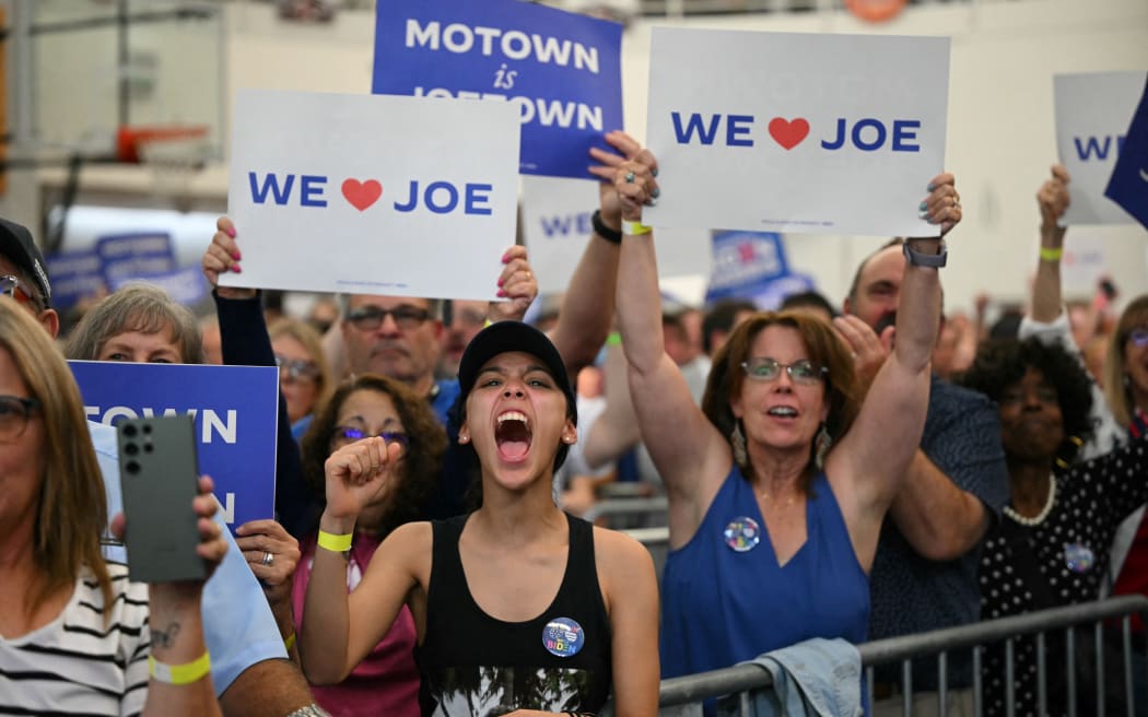 People cheer as US President Joe Biden speaks during a campaign event at Renaissance High School in Detroit, Michigan, on 12 July, 2024.