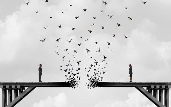 Divorce and separation as a couple on a broken fading bridge flying away as a divided relationship concept with 3D illustration elements.