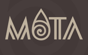 A large title displaying the word "Mata", where the letter "A" is represented in the shape of an abstract water drop. The background colour of the tile is dark brown.