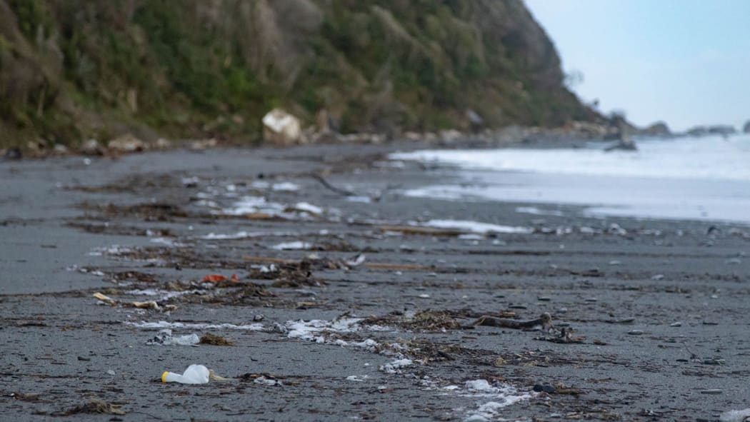 Litter on a Westland beach from the landfill.
