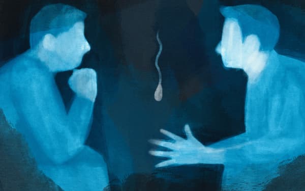 Stylised illustration of two men talking and a single sperm
