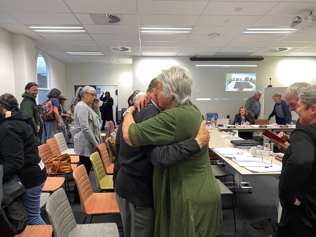 Nelson Rangi, chair at Kahungunu ki Wairarapa, and Masterton Mayor Lyn Patterson after the vote to establish Māori wards in the district.