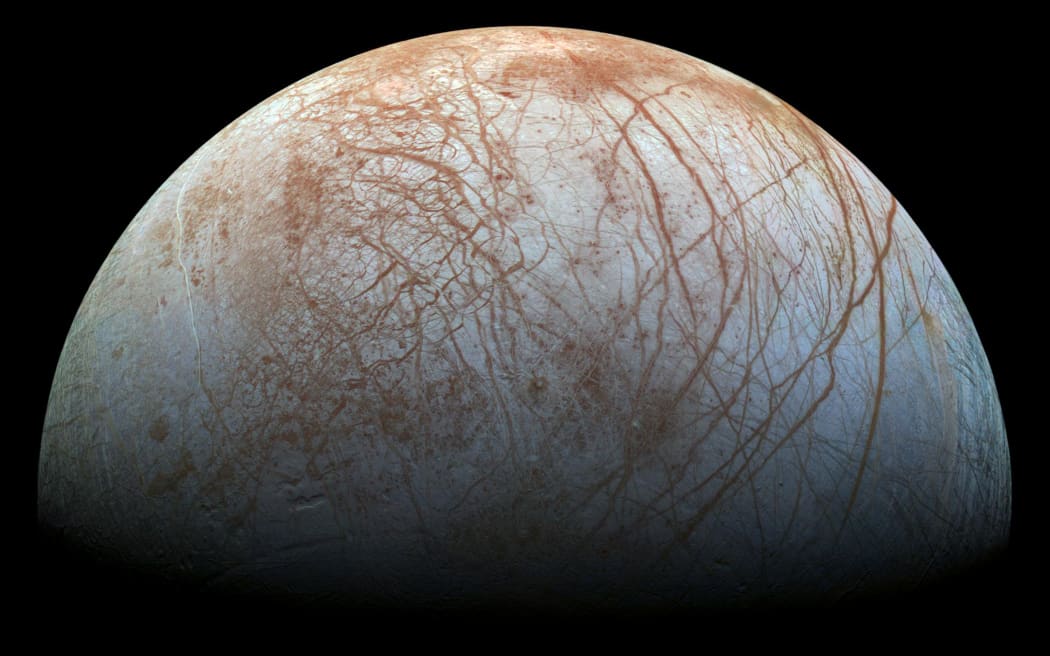 A color view of the surface of Jupiter's icy moon Europa, made from images taken by NASA's Galileo spacecraft in the late 1990s.
