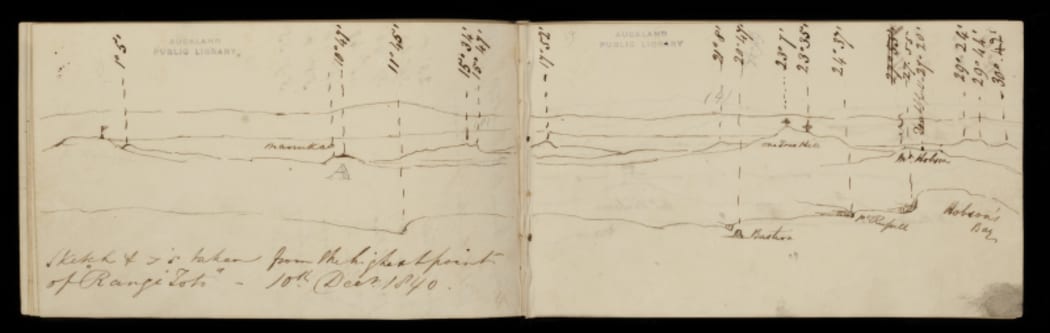 An image Felton Mathew's sketch of the Hauraki Gulf showing Rangitoto.