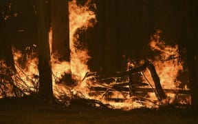 A fire approaches homes at Nabiac, some 350kms north of Sydney, on 15 November 2019.