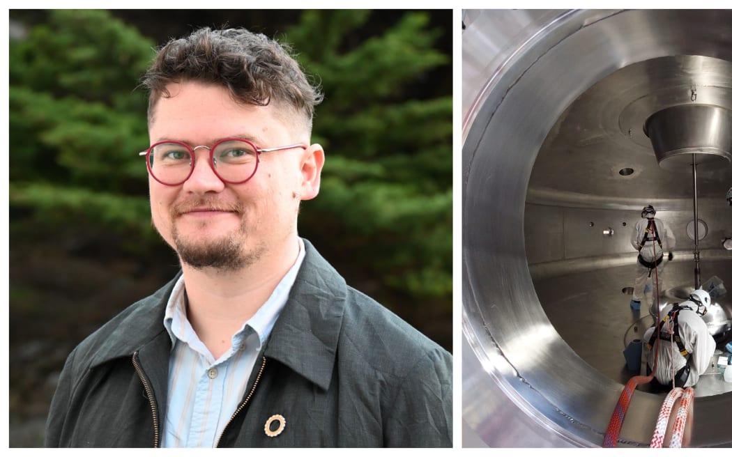 Head shot of young  CEO Ratu Mataira and 3 scientists in boiler suits, googles and headgear inside stainless steel container